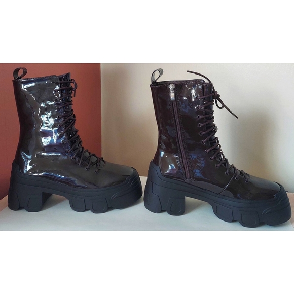 NEW - EGO Chocolate Brown Patent Lace Up Boots - Picture 4 of 11